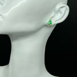Vintage Christmas Tree Stud Earrings Holiday Green White Enamel Small 0.5 inch
